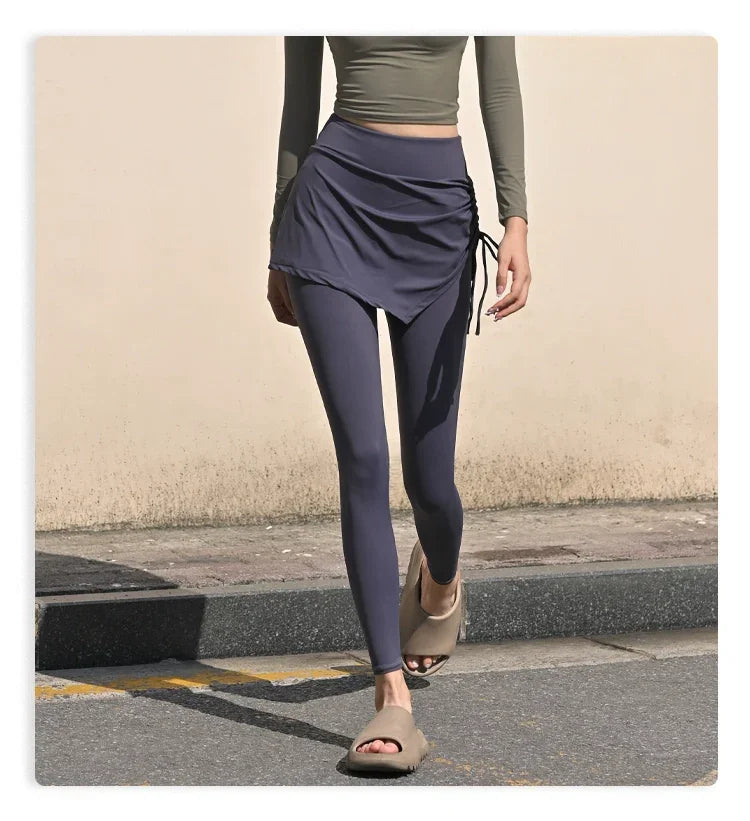 Fake Two-Piece Yoga Pants Women's Drawstring Sports Running Tight Thigh-Length Slim Looking Training Cycling High Waist Belly Contracting Fitness Pants - Empire P.E
