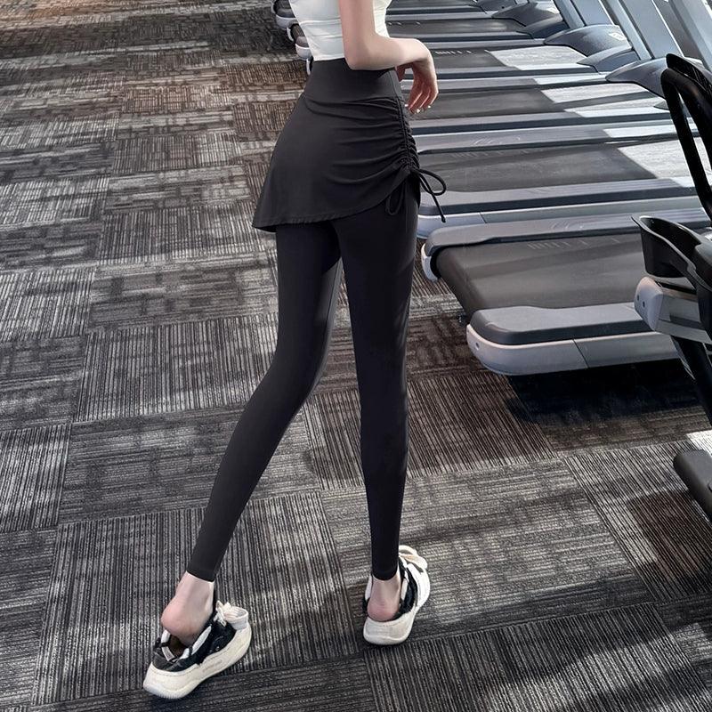 Fake Two-Piece Yoga Pants Women's Drawstring Sports Running Tight Thigh-Length Slim Looking Training Cycling High Waist Belly Contracting Fitness Pants - Empire P.E