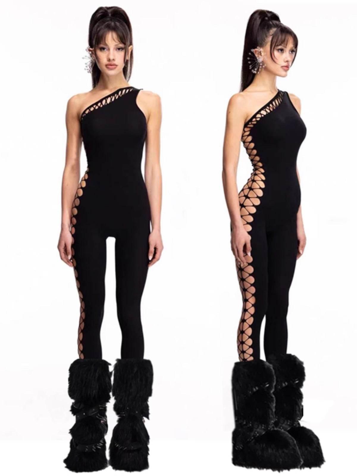 Y2g Street Sexy One-Shoulder Diagonal Collar Hollow-out Ripped Jumpsuit Fashion Sexy Skinny Slimming Bottoming Jumpsuit - Empire P.E