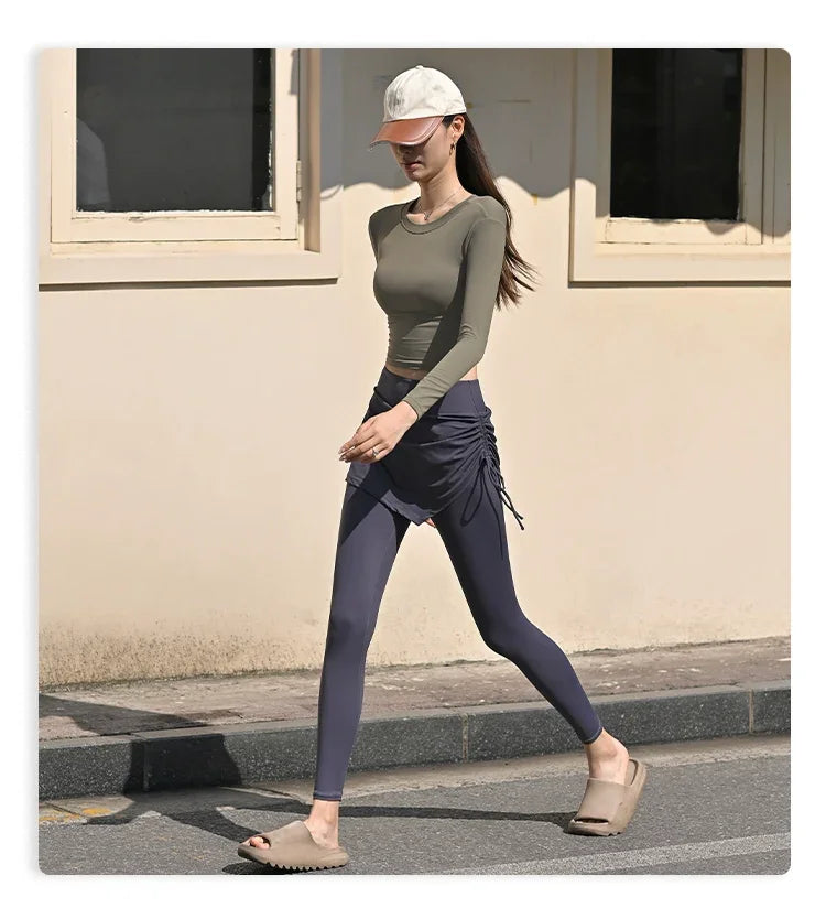 Fake Two-Piece Yoga Pants Women's Drawstring Sports Running Tight Thigh-Length Slim Looking Training Cycling High Waist Belly Contracting Fitness Pants - Empire P.E