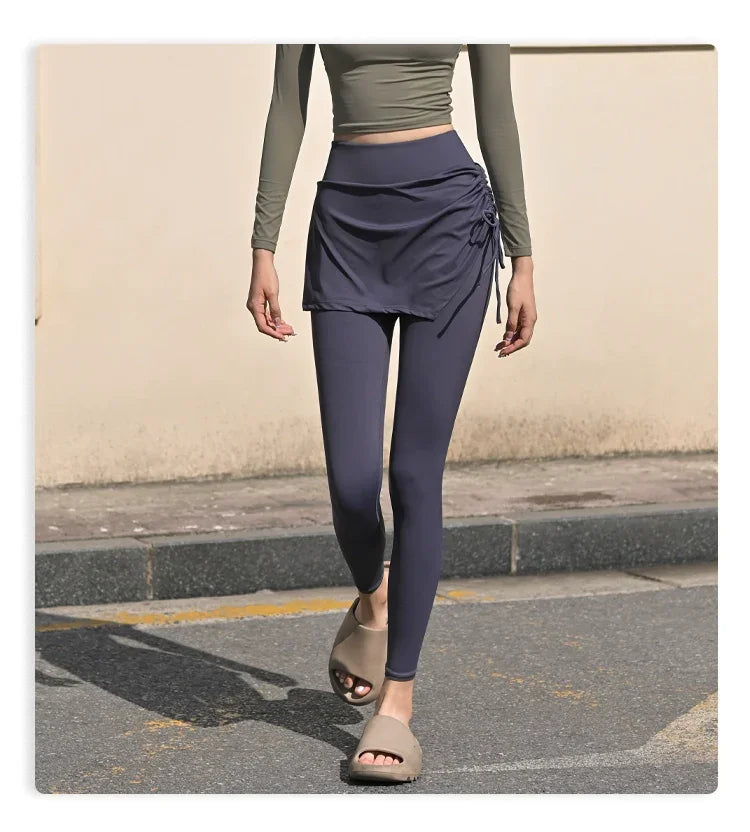 Fake Two-Piece Yoga Pants Women's Drawstring Sports Running Tight Thigh-Length Slim Looking Training Cycling High Waist Belly Contracting Fitness Pants - Empire P.E