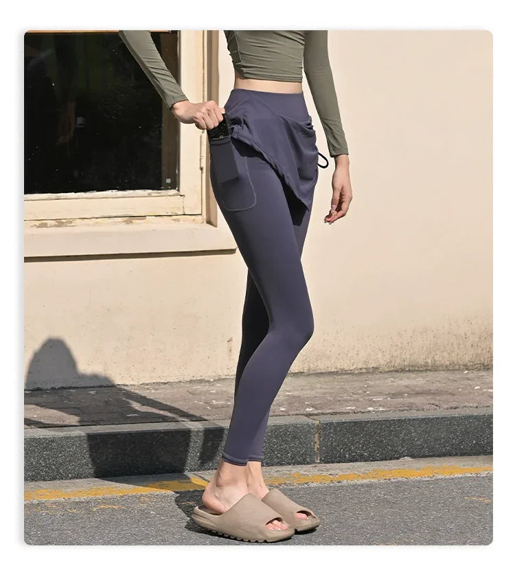 Fake Two-Piece Yoga Pants Women's Drawstring Sports Running Tight Thigh-Length Slim Looking Training Cycling High Waist Belly Contracting Fitness Pants - Empire P.E