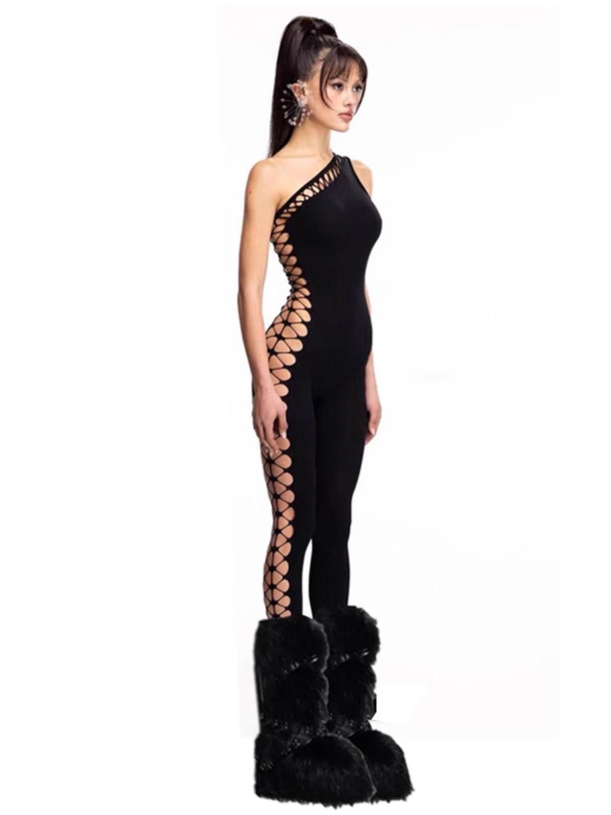 Y2g Street Sexy One-Shoulder Diagonal Collar Hollow-out Ripped Jumpsuit Fashion Sexy Skinny Slimming Bottoming Jumpsuit - Empire P.E