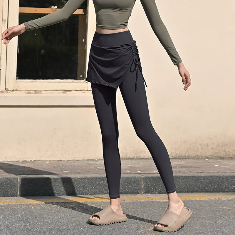 Fake Two-Piece Yoga Pants Women's Drawstring Sports Running Tight Thigh-Length Slim Looking Training Cycling High Waist Belly Contracting Fitness Pants - Empire P.E