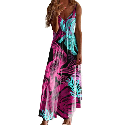 Casual V-neck Strap Dress Flower Print - Empire P.E