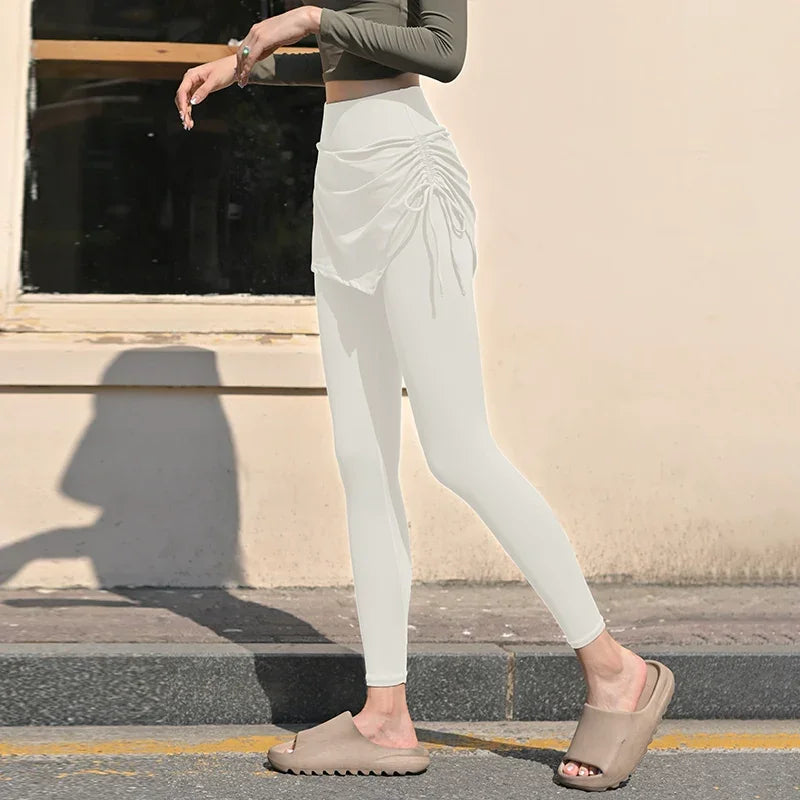 Fake Two-Piece Yoga Pants Women's Drawstring Sports Running Tight Thigh-Length Slim Looking Training Cycling High Waist Belly Contracting Fitness Pants - Empire P.E
