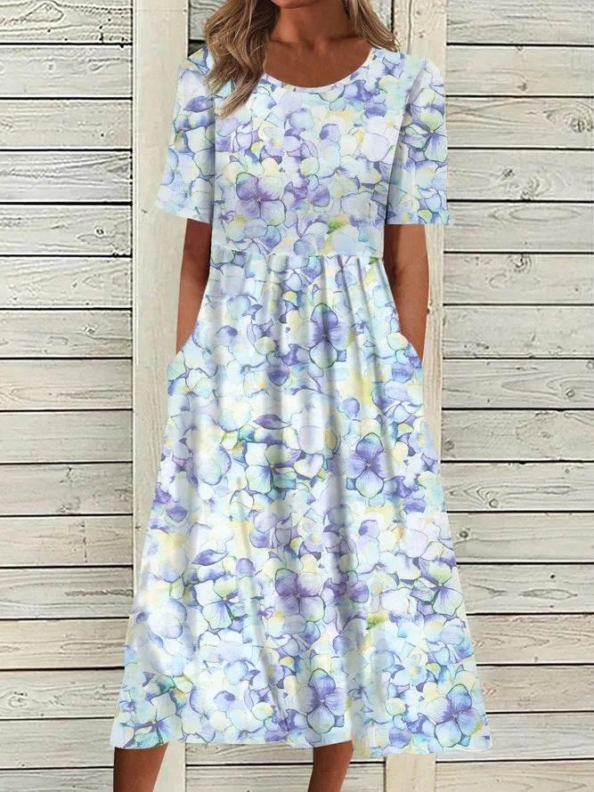 2024 women's fashion loose floral print round neck short sleeve pocket dress - Empire P.E