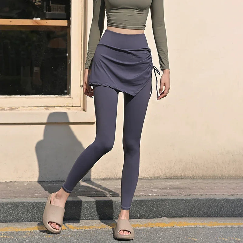 Fake Two-Piece Yoga Pants Women's Drawstring Sports Running Tight Thigh-Length Slim Looking Training Cycling High Waist Belly Contracting Fitness Pants - Empire P.E