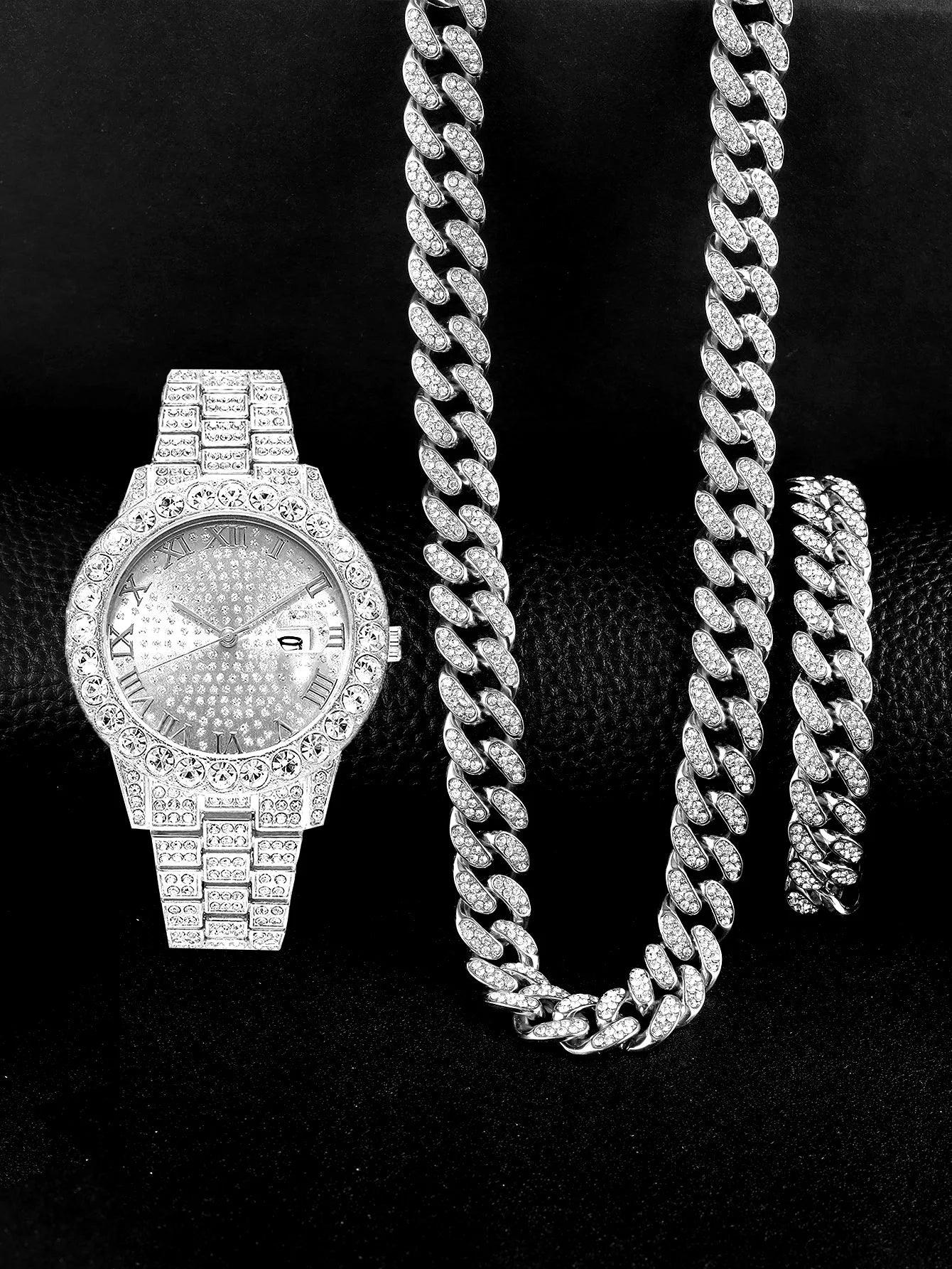 3PCS luxury alloy full diamond rhinestone mirror men's quartz watch with calendar and Hip Hop Cuban Necklace bracelet set - Empire P.E
