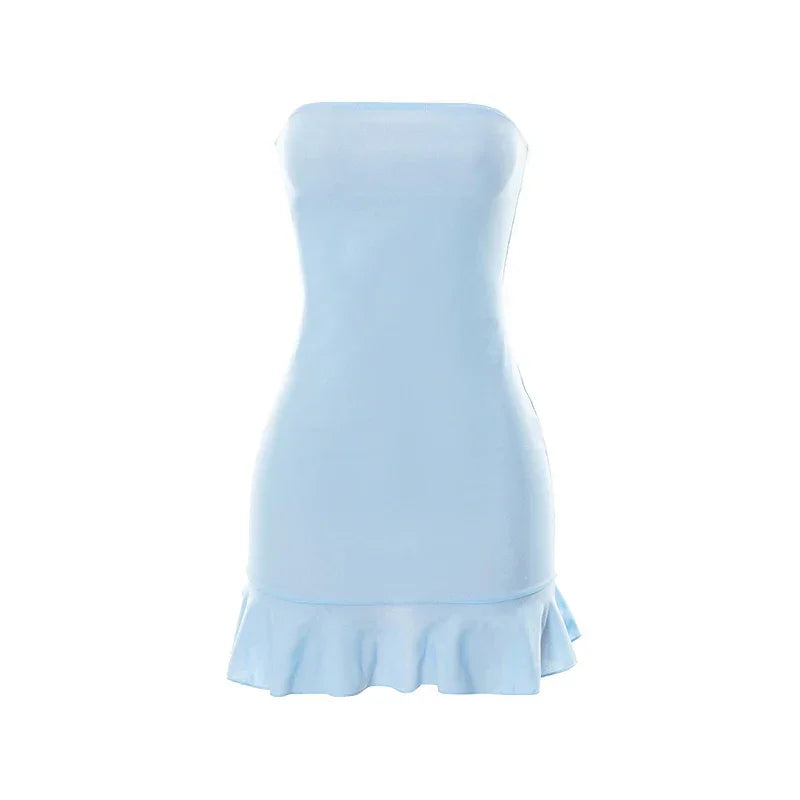 CUTENOVA Women Soft Tender Slight Blue Strapless Wrap Hipster Mini Pleated Dress Pullover Sexy Charm Outfits Girls Dating Wear - Empire P.E