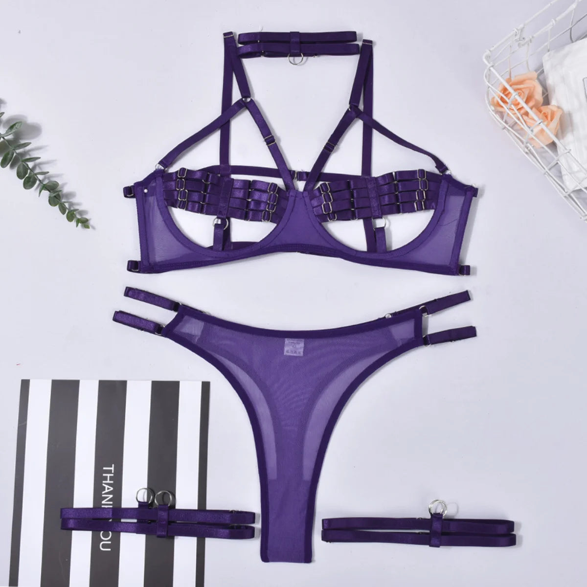 Yimunancy 4-Piece Bandage Erotic Set Women Choker Cut Out Solid Vintage Purple Sexy Lingerie Set Breif Kit - Empire P.E
