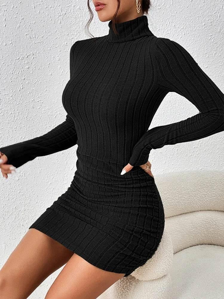 New Sexy Mini Dress For Women Autumn Black Solid Turtleneck Long Sleeves Sheath Dress Club Elegant Bodycon Party Dresses Female - Empire P.E