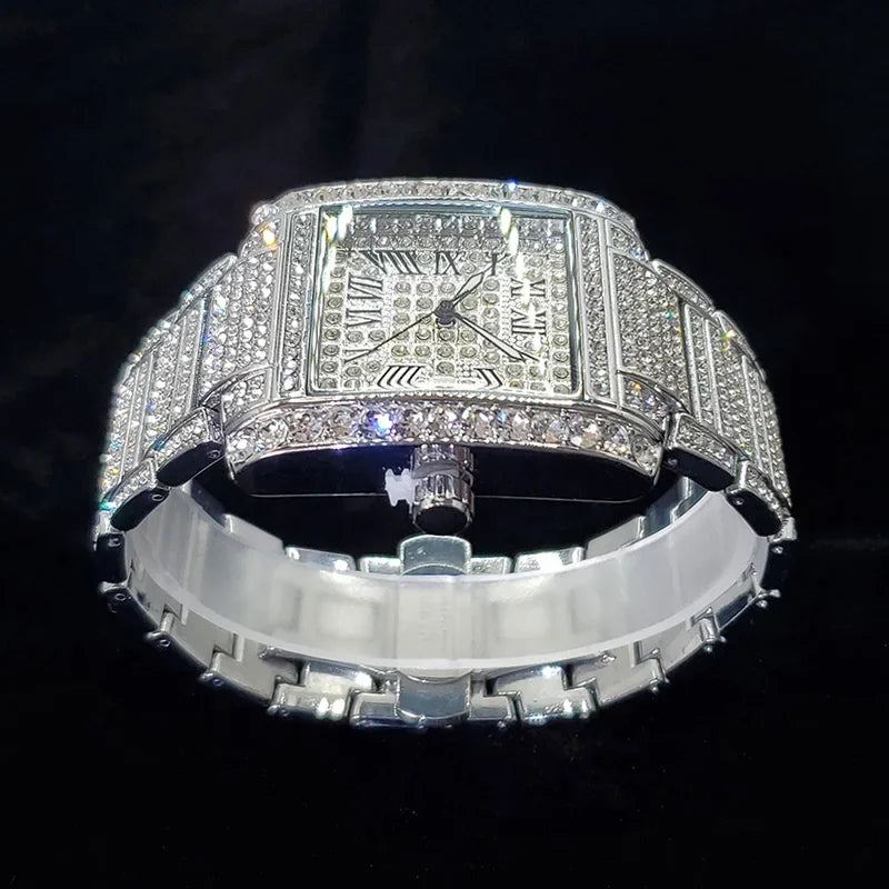 New Luxury Diamond Watch for Men Fashion Ice Out Rectangle Wristwatch - Empire P.E