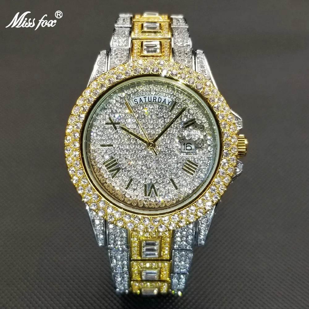 Luxury Shiny Diamond Watch For Men Hip Hop Trendy Iced Out Quartz Watches High Quality Stainless Steel Waterproof Day Date Clock - Empire P.E