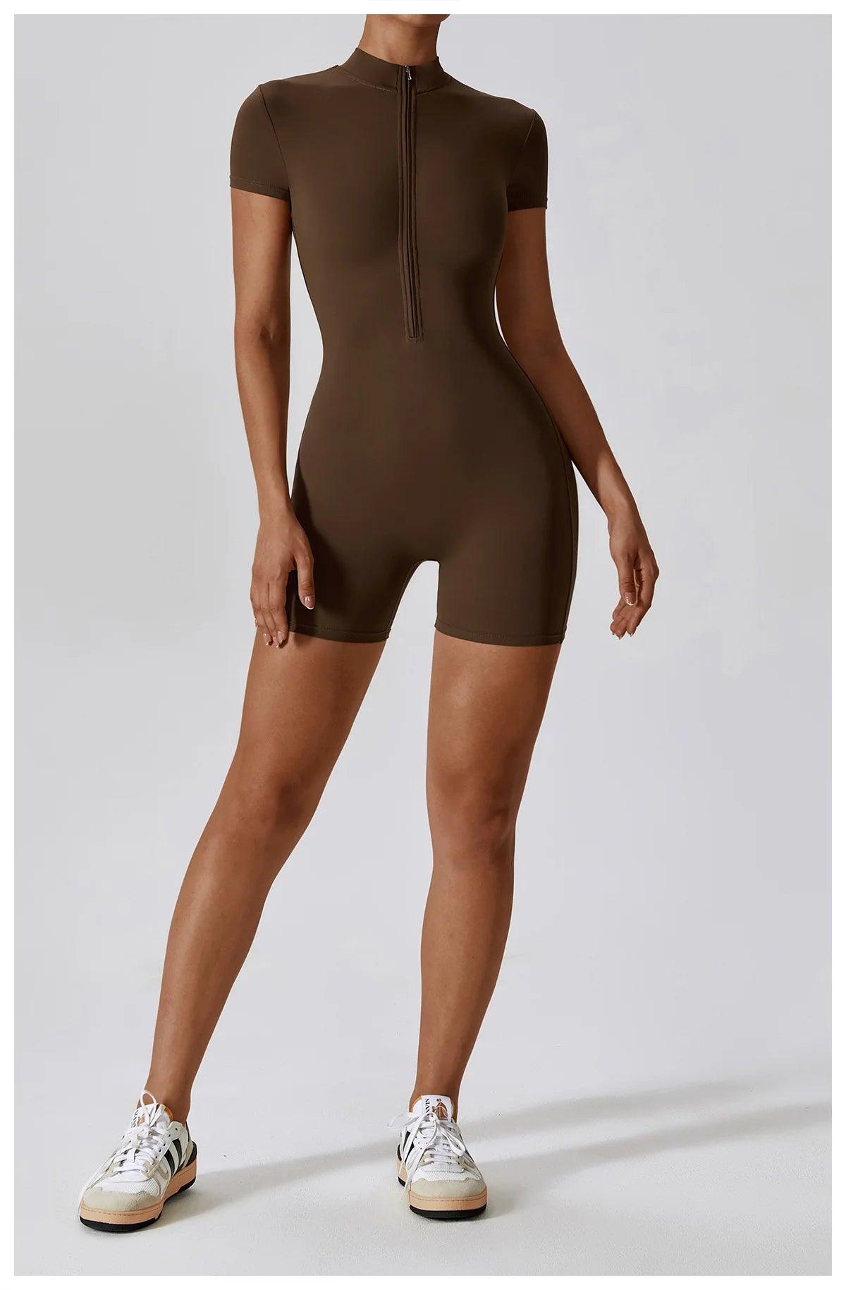 Yoga Set Women's One-Piece Suit Zipper Short Sleeve Gym Push Up Workout Clothes Fitness Short Bodysuit Sportswear Jumpsuits - Empire P.E