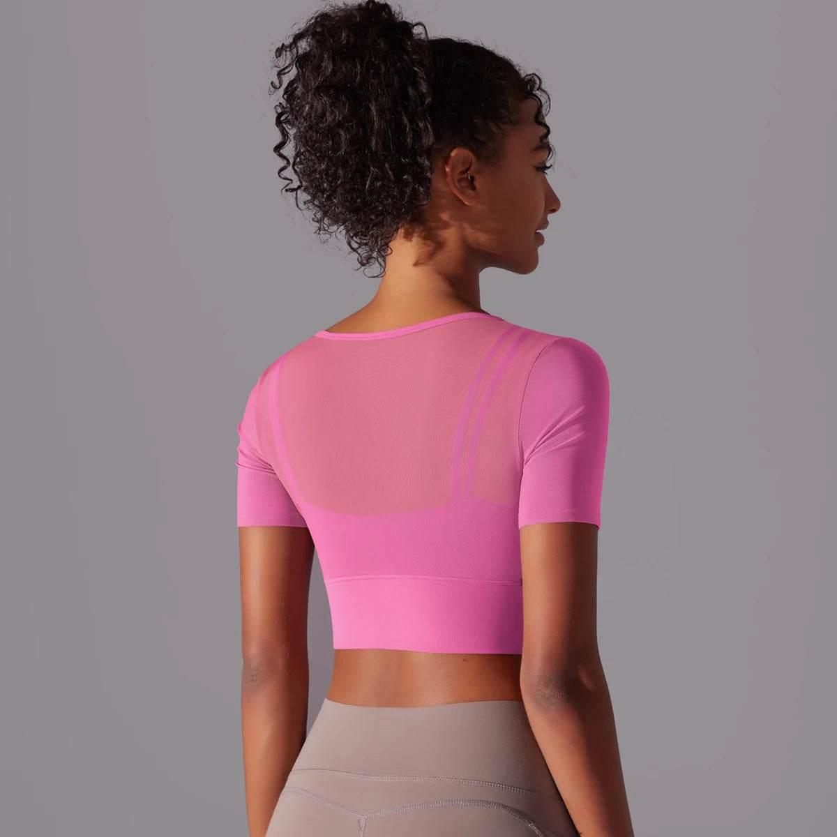 Solid Color Yoga Short Sleeve Sexy Double Layer Yoga Tank Top Spliced Mesh Yoga Clothing Top Fitness Running Sports Bra Women - Empire P.E
