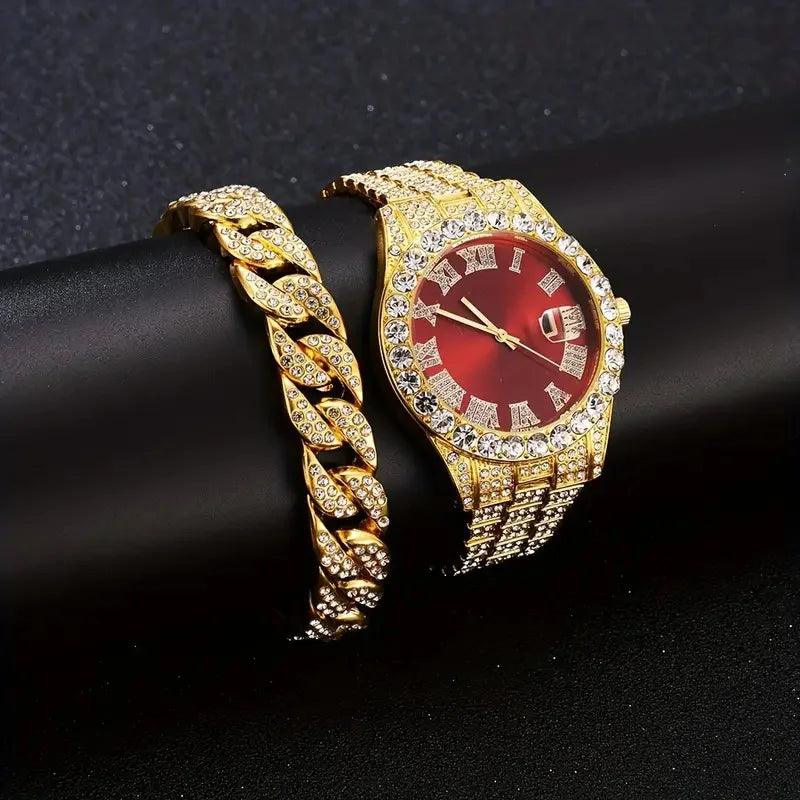 3PCS luxury alloy full diamond rhinestone mirror men's quartz watch with calendar and Hip Hop Cuban Necklace bracelet set - Empire P.E