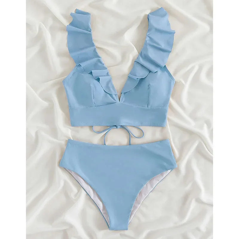 Riseado High Waist Bikinis Set Ruffle Shoulder Sexy Plunging Swimwear Women Bathing Suit Summer Beachwear - Empire P.E