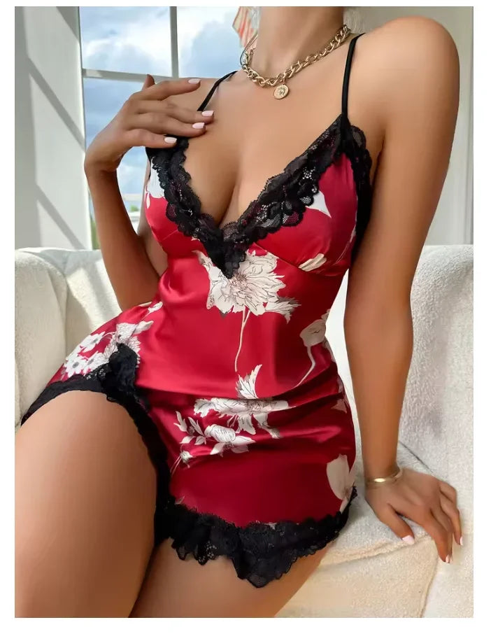 Lace Trim Leopard Nightdress V Neck Backless - Empire P.E