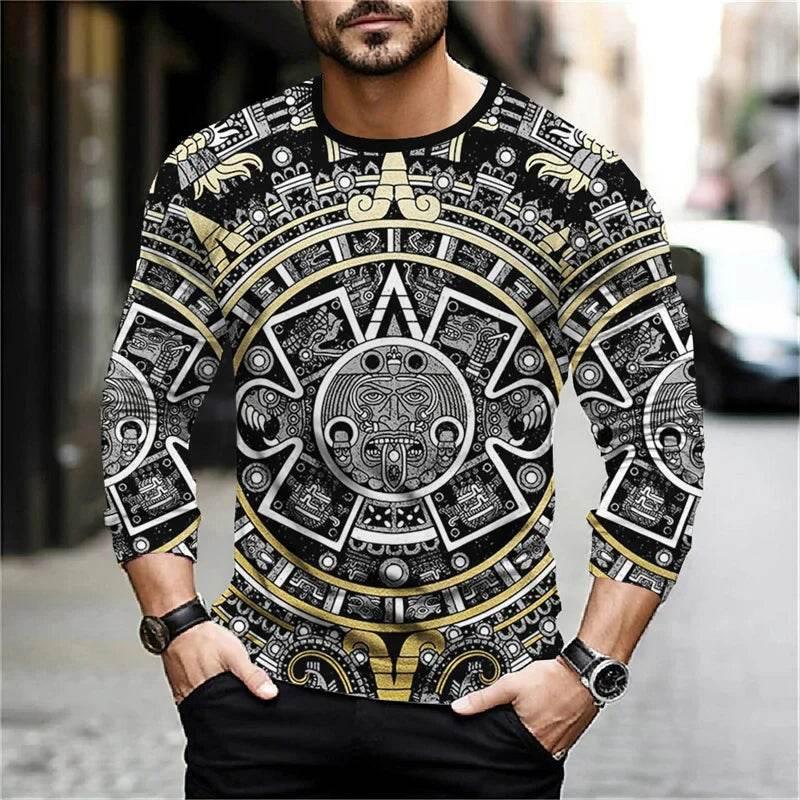 2024 Mexico Aztec Graphic T Shirts For Men Vintage 3d Printed Long Sleeve Tees Street Hip Hop Oversized T-Shirt Male Clothing - Empire P.E