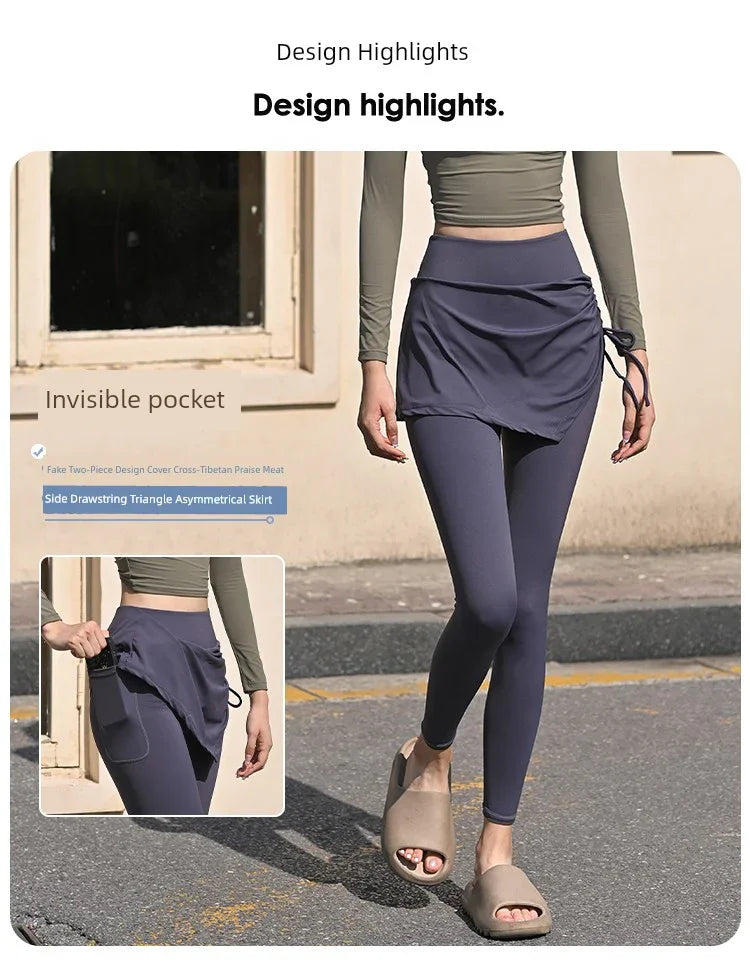 Fake Two-Piece Yoga Pants Women's Drawstring Sports Running Tight Thigh-Length Slim Looking Training Cycling High Waist Belly Contracting Fitness Pants - Empire P.E