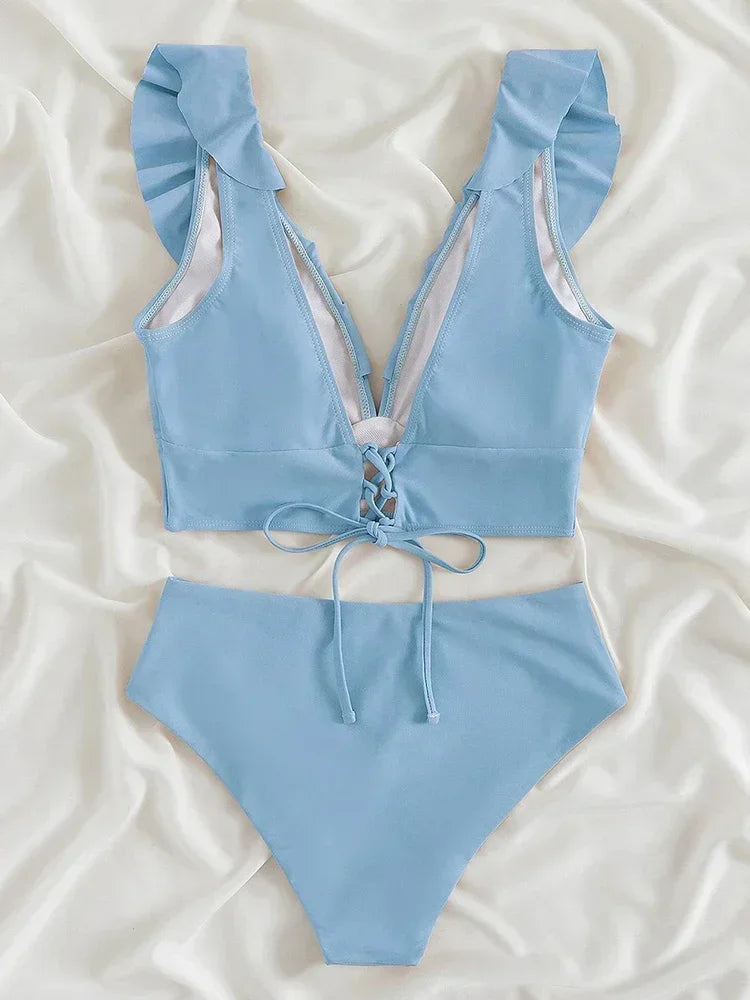 Riseado High Waist Bikinis Set Ruffle Shoulder Sexy Plunging Swimwear Women Bathing Suit Summer Beachwear - Empire P.E