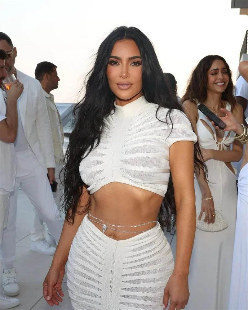 Sexy Knitted Striped 2 Piece Sets Women Outfit Y2K Clothes Birthday Sheer Crop Top and Long Skirt Set Elegant Night Club Outfits - Empire P.E