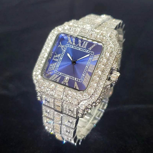Luxury Diamond Watch Men Hip Hop Bling Iced Out Quartz Watches Fashion Blue Dial Silver Shiny Party Jewelry Relojes Dropshipping - Empire P.E