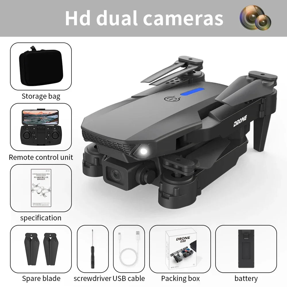 Black E88E99 GT Lighting Big Screen Control Mini Drone Dual Camera - Empire P.E