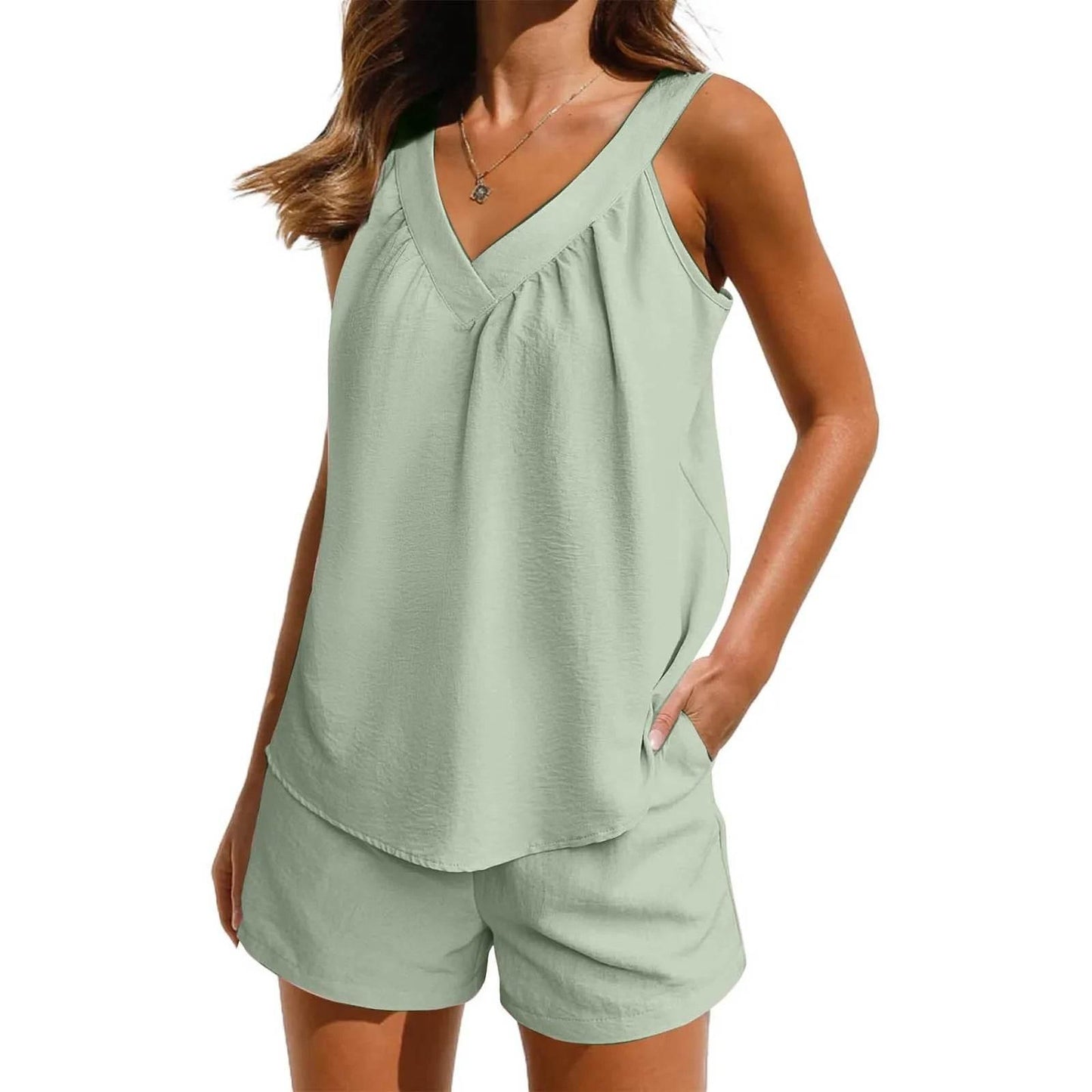 Women'S Summer Casual Suit New Urban Casual Women'S Solid Color Sleeveless Vest Elastic Shorts Home Clothes Two-Piece Set - Empire P.E