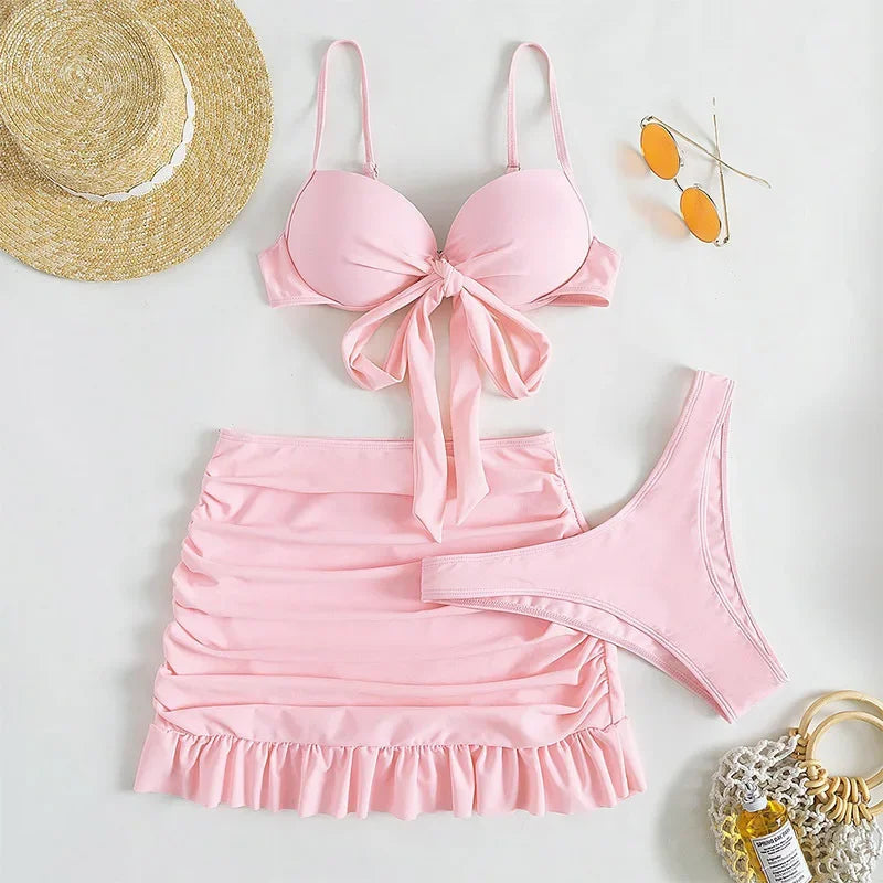Cikini-Solid Bikini Set 3 Piece Bathing Suit