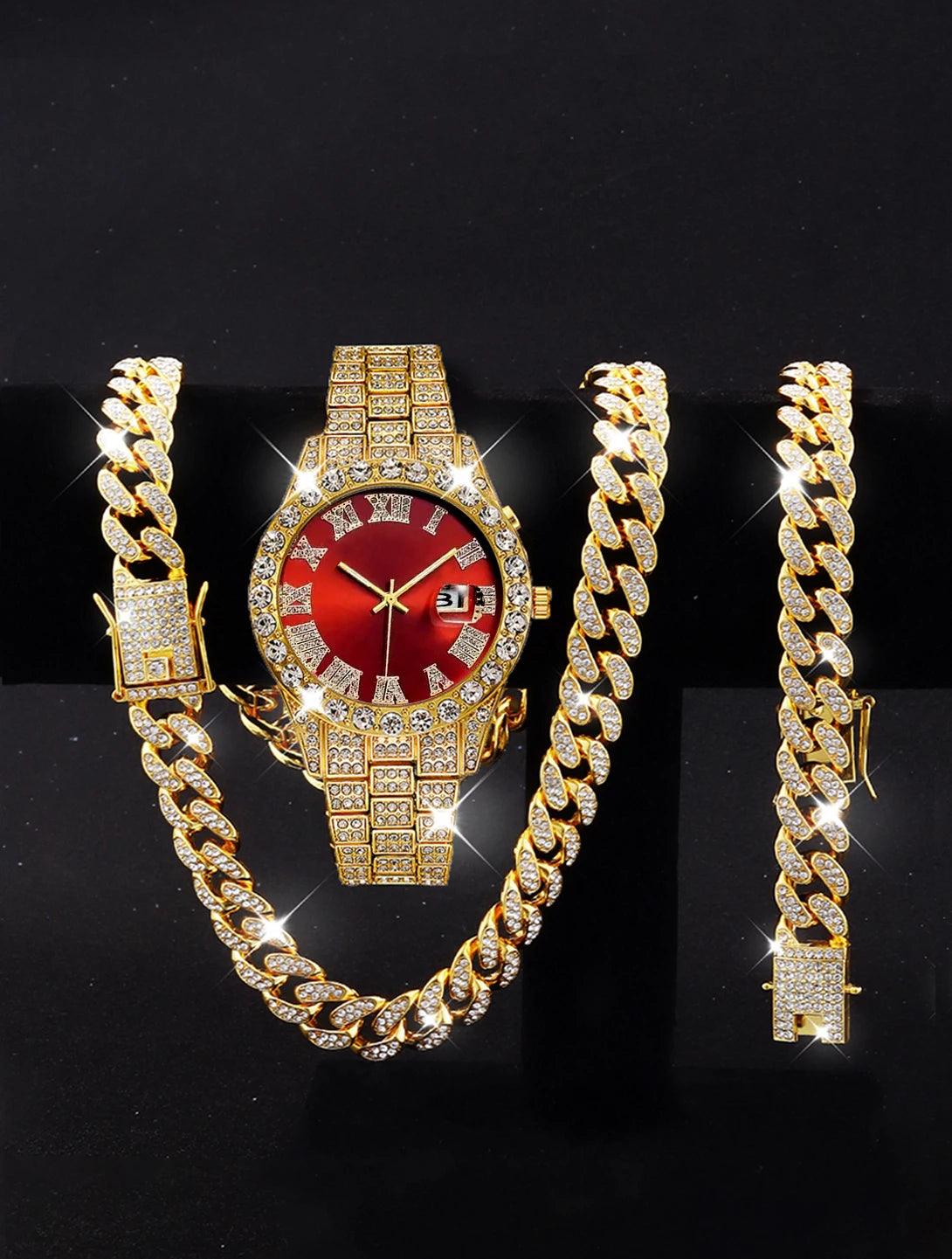 3PCS luxury alloy full diamond rhinestone mirror men's quartz watch with calendar and Hip Hop Cuban Necklace bracelet set - Empire P.E