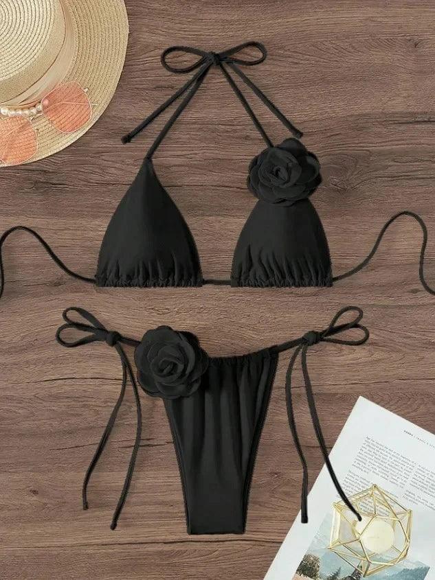 Sexy 3D Flowers Halter Strappy Bikini Swimsuit Two-pieces Bikini Set - Empire P.E