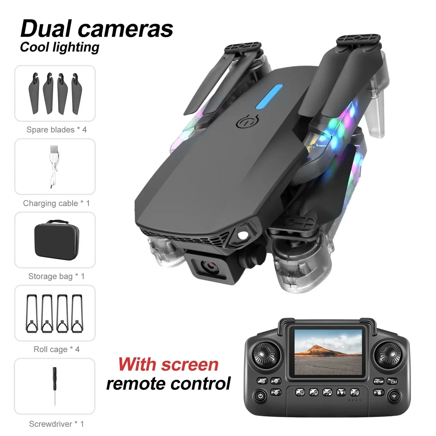 Black E88E99 GT Lighting Big Screen Control Mini Drone Dual Camera - Empire P.E