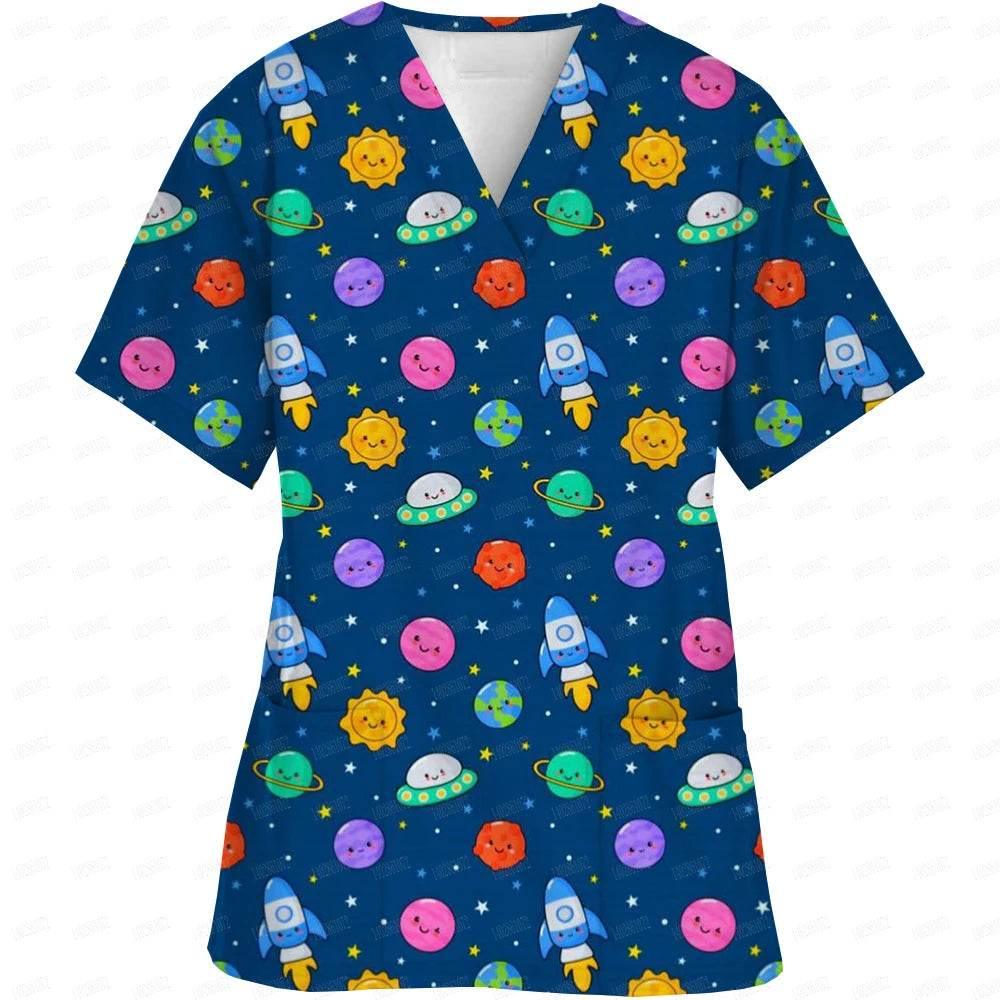 Women Easter Day Nurse Uniform Cartoon Print Short Sleeve V Neck - Empire P.E