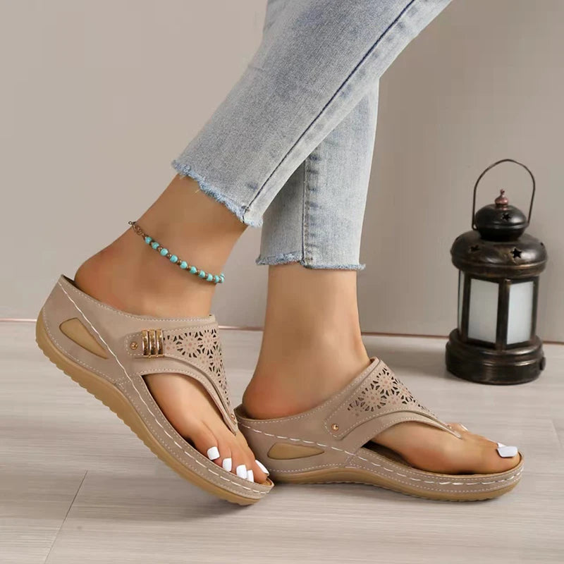 Clip Toe Wedge Heel Sandals for Women Summer Pu Leather Platform Platform Flip Flops Ladies Lightweight Diabetic Walking Sandals - Empire P.E