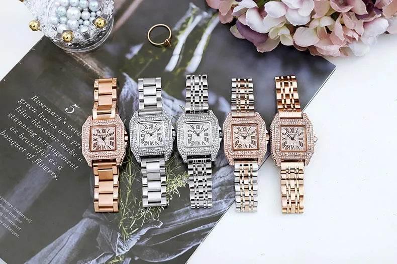 Ladies Dial Quartz Wristwatches Dress Clock Large square diamond-encrusted dial steel belt living waterproof quartz watch - Empire P.E