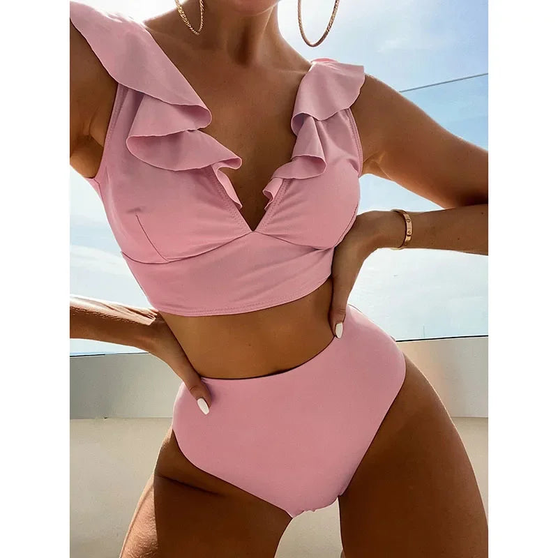 Riseado High Waist Bikinis Set Ruffle Shoulder Sexy Plunging Swimwear Women Bathing Suit Summer Beachwear - Empire P.E