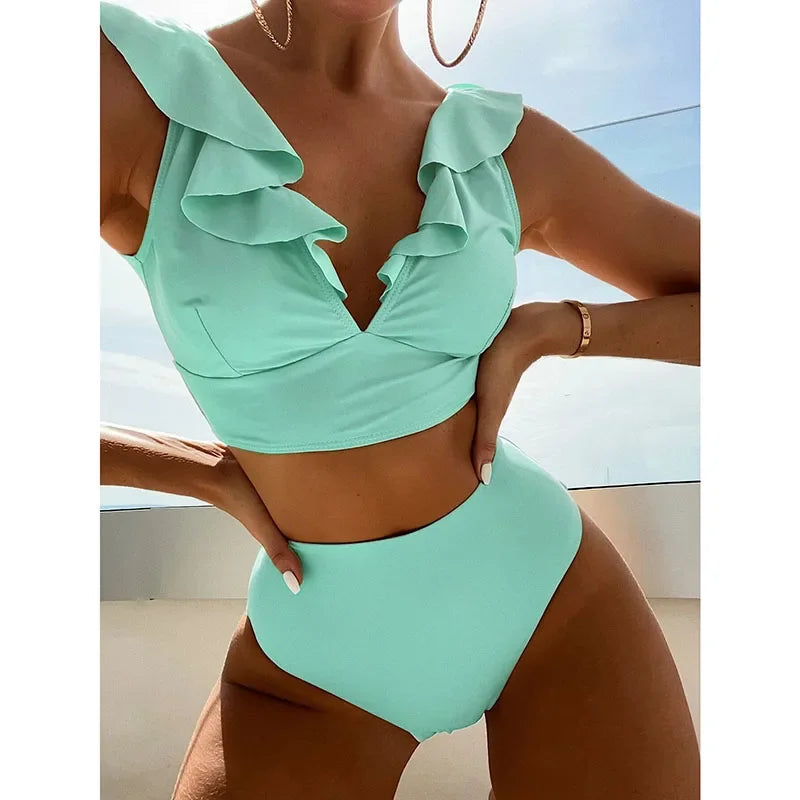 Riseado High Waist Bikinis Set Ruffle Shoulder Sexy Plunging Swimwear Women Bathing Suit Summer Beachwear - Empire P.E