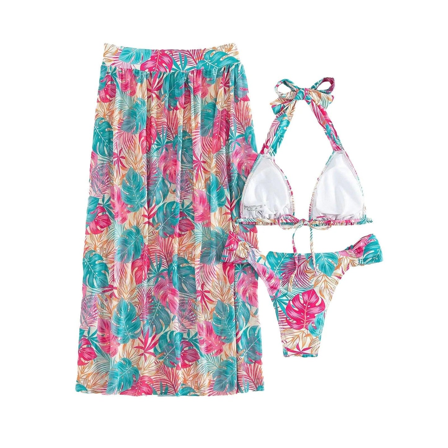 Summer Women Swimwear Leaf Print Tie Up Halter Bathing Suit Tops Shorts Split Beach Cover Up Skirt Female 3pcs Swimsuit Set - Empire P.E