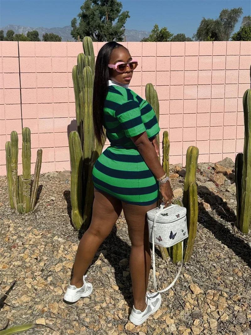Sporty Fitness Striped Print 2 Pieces Set for Woman Streetwear Casual Turn-down Collar Shirt Crop Top and Mini Skirt Sets Summer - Empire P.E