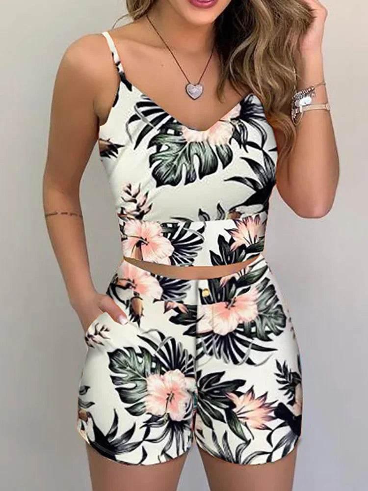 Print Spaghetti Strap Crop Top & Short Sets - Empire P.E