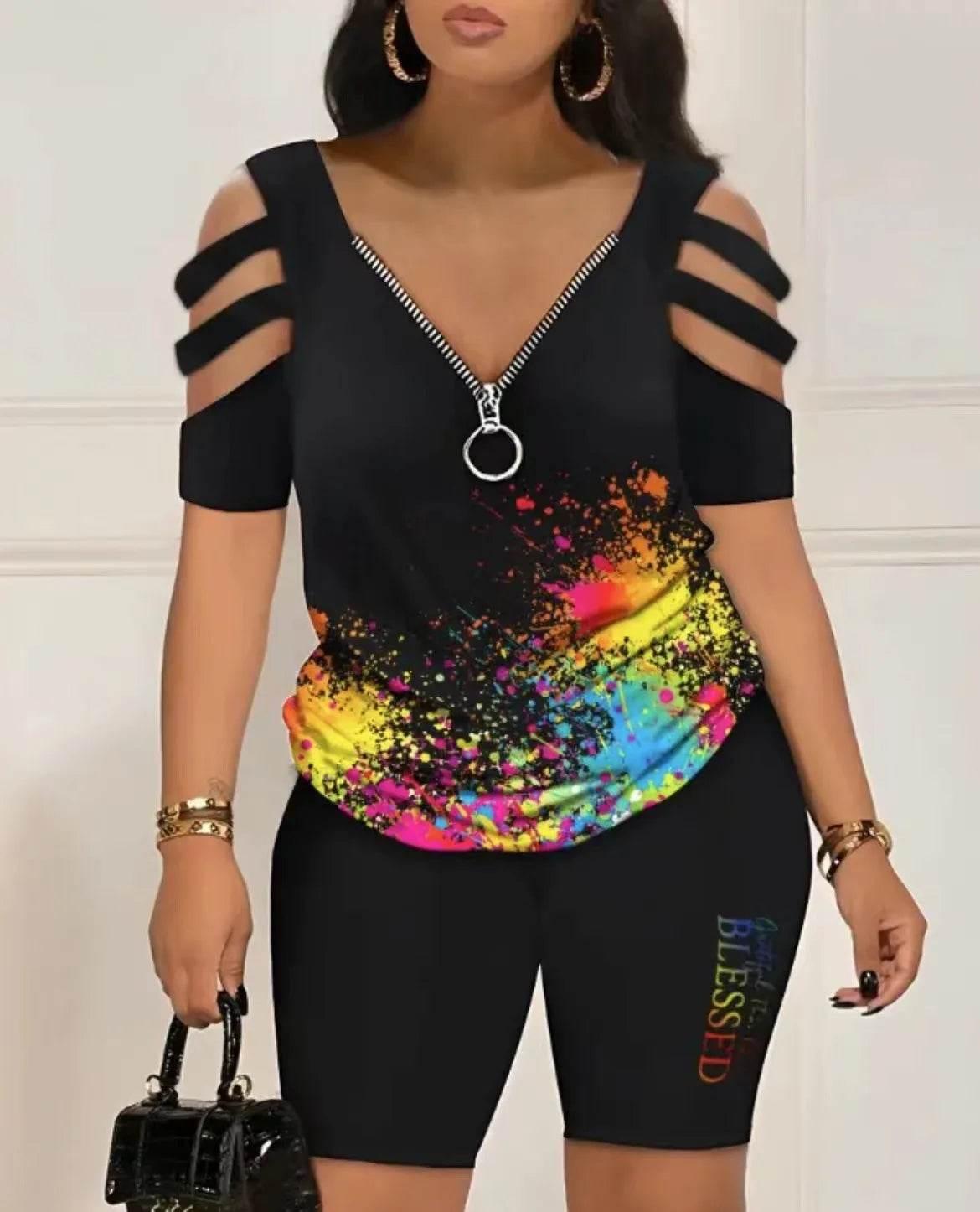 2024 Fashion Sexy Out T Shirt And Shorts 2 Piece Sets Women Outfit Summer Casual Loose Print T Shirts Two Piece Set For Women - Empire P.E