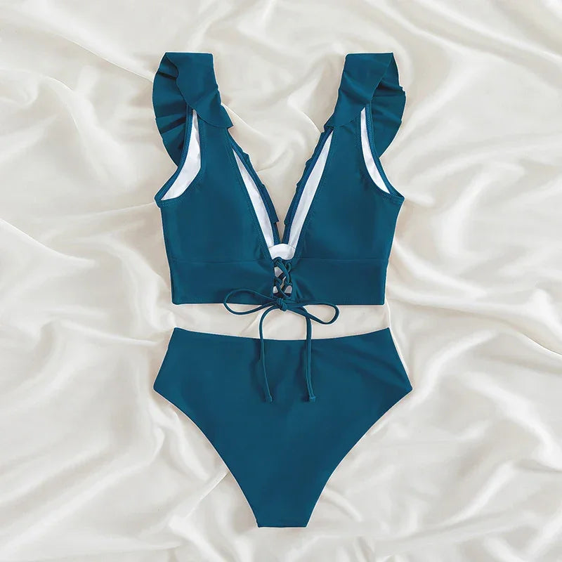 Riseado High Waist Bikinis Set Ruffle Shoulder Sexy Plunging Swimwear Women Bathing Suit Summer Beachwear - Empire P.E