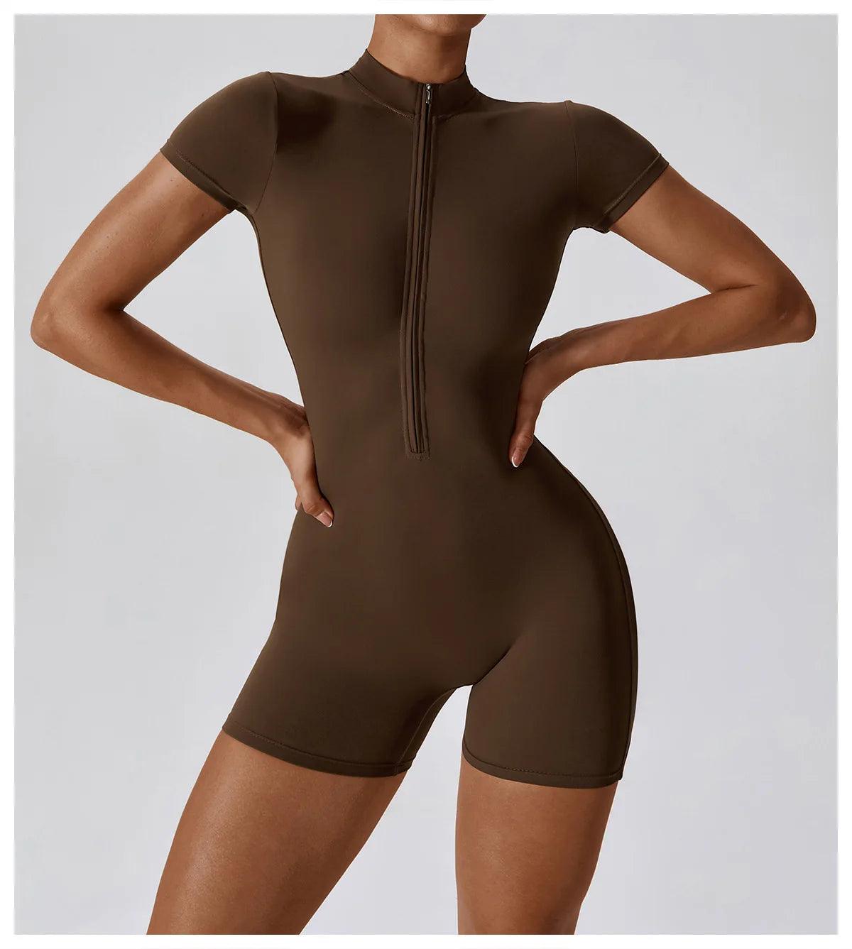 Yoga Set Women's One-Piece Suit Zipper Short Sleeve Gym Push Up Workout Clothes Fitness Short Bodysuit Sportswear Jumpsuits - Empire P.E