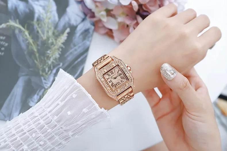 Ladies Dial Quartz Wristwatches Dress Clock Large square diamond-encrusted dial steel belt living waterproof quartz watch - Empire P.E