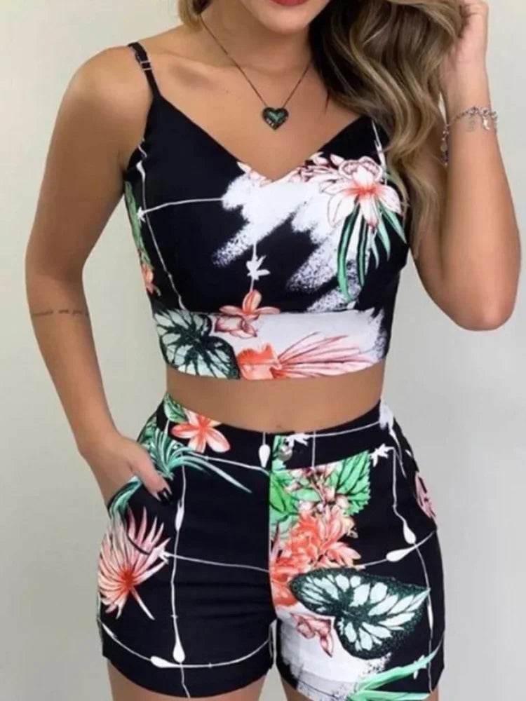 Print Spaghetti Strap Crop Top & Short Sets - Empire P.E