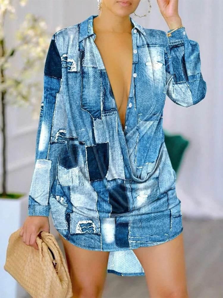 Print Long Sleeve Shirt Dress - Empire P.E