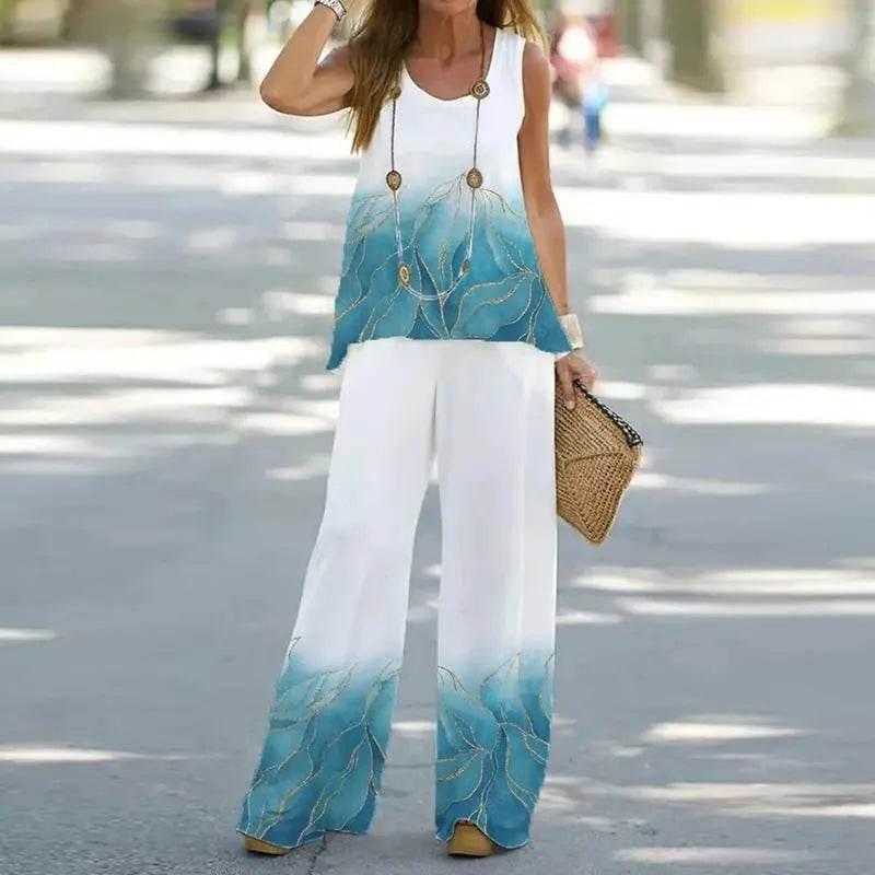 2023 Women 2 Piece Outfits Boho Casual Printed Vest Sleeveless Top Loose Wide Leg Pants Trousers Two Piece Set Elegant Suit - Empire P.E