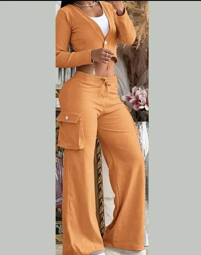 Spring Autumn Solid Slim Suit Women Long Sleeve Single Button V-neck Short Coat Drawstring Mid Waist Pocket Wide-Leg Pants Suit - Empire P.E